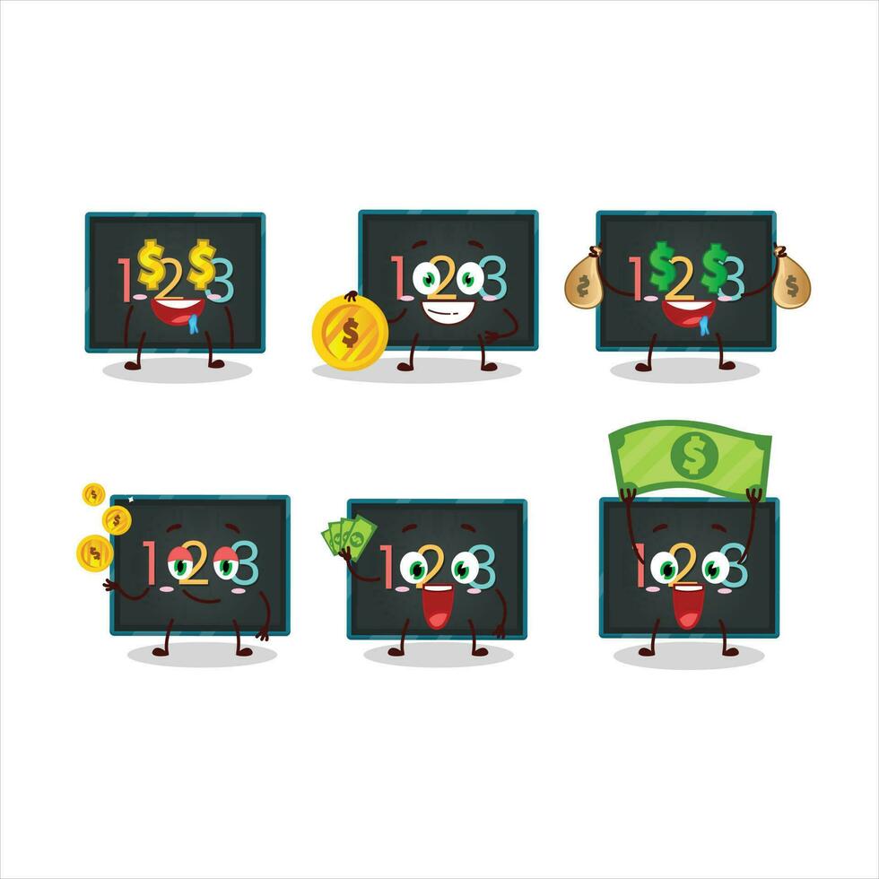 numeriek Aan bord tekenfilm karakter met schattig emoticon brengen geld vector