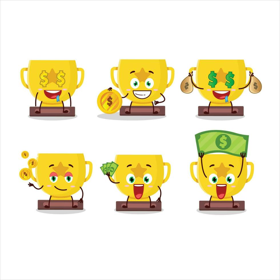 goud trofee tekenfilm karakter met schattig emoticon brengen geld vector