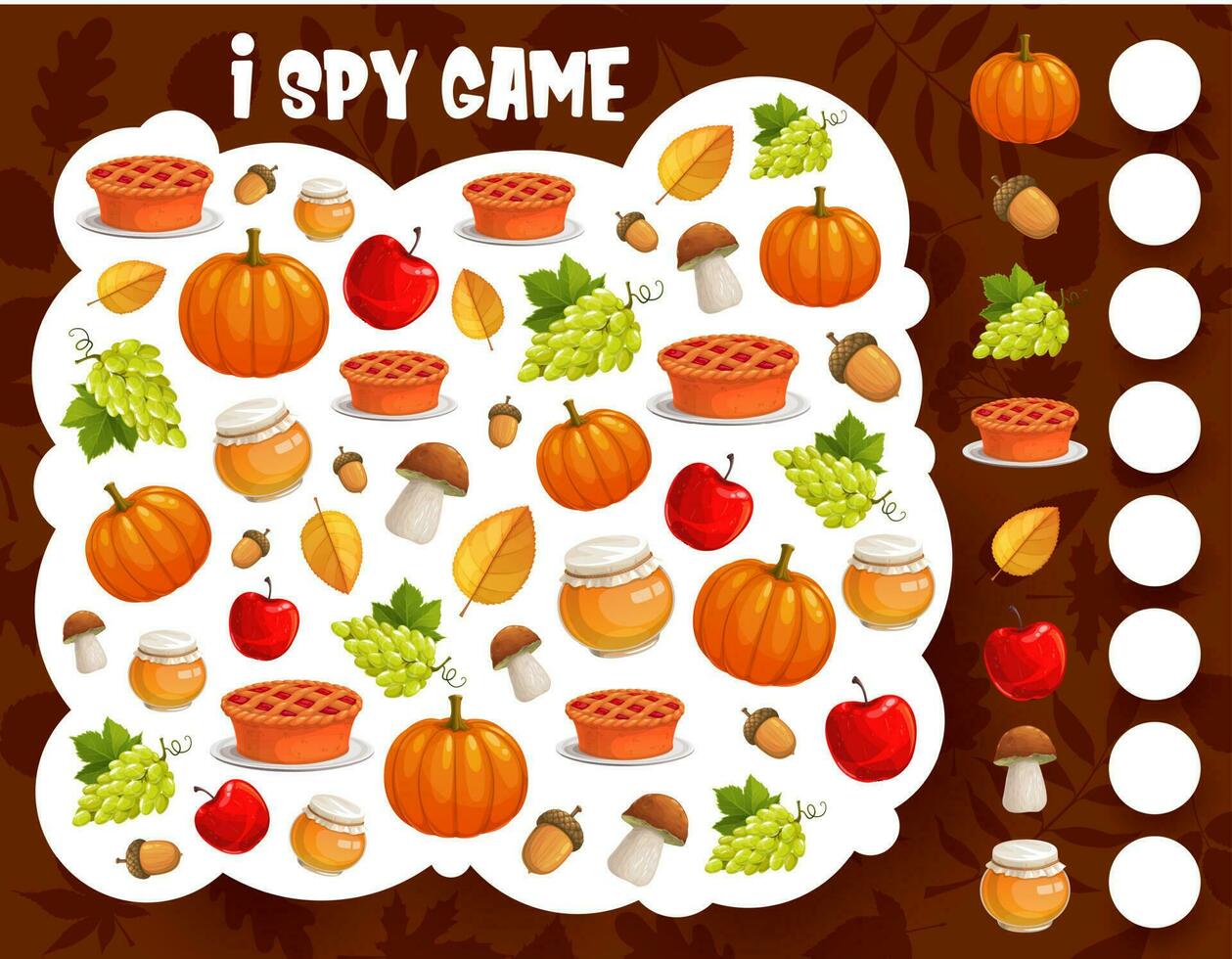 ik spion spel, dankzegging oogst en herfst items vector