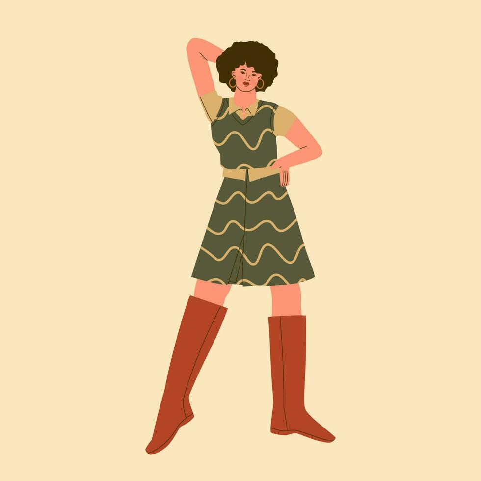 mode en stijl van de jaren 70. schattig jong vrouw in een kort rok, vest en hoog laarzen. vector modieus illustratie.