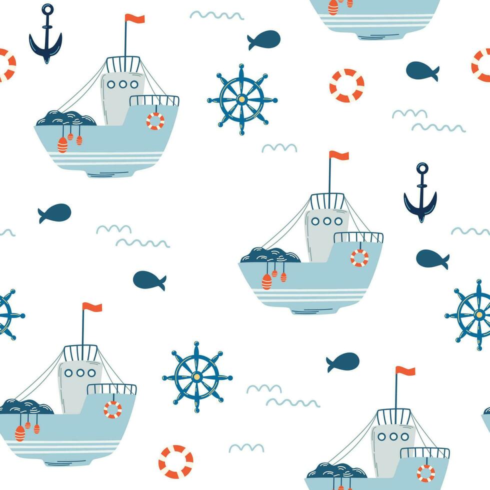 schip naadloos patroon. marinier achtergrond met visvangst schip, vis, anker, stuurinrichting wiel en golven. voor kleding stof, kinderen kleding, achtergrond, textiel, omhulsel papier. vector illustratie