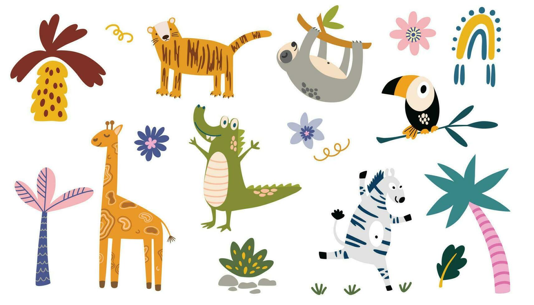 wild oerwoud dieren set. verzameling voor kinderen met tekenfilm grappig dieren, giraffe, tijger, luiaard, toekan, zebra, krokodil en tropisch bloemen. voor het drukken Aan kleding stof, ansichtkaarten. vector illustratie