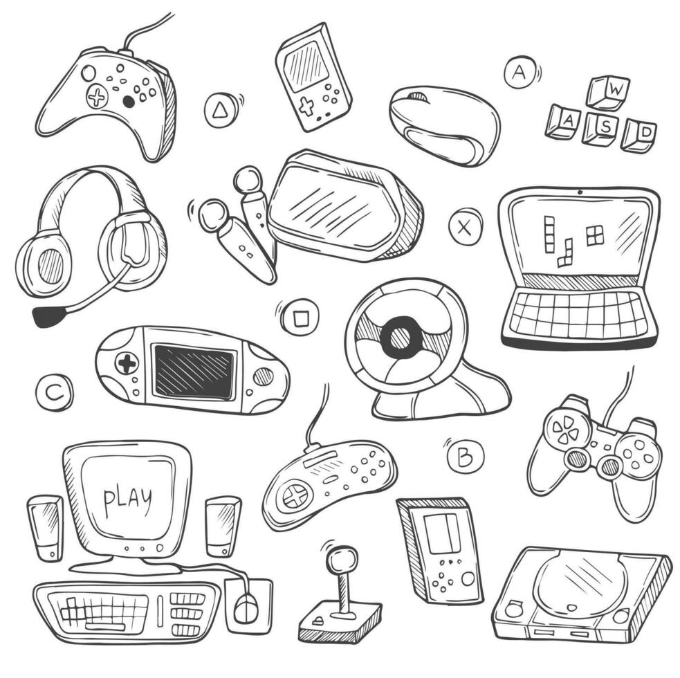 video spellen computer speler tekening pictogrammen schetsen. hand- getrokken ontwerp vector