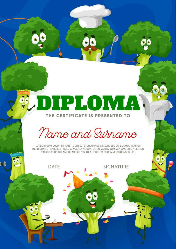 kind diploma certificaat tekenfilm broccoli karakter vector