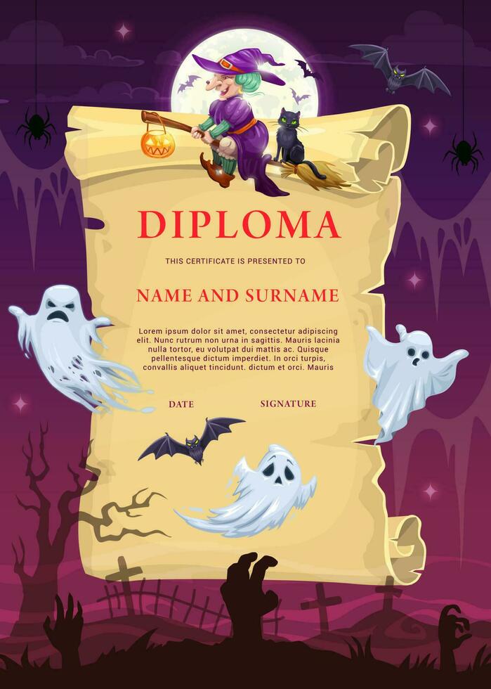 kinderen diploma sjabloon met halloween monsters vector