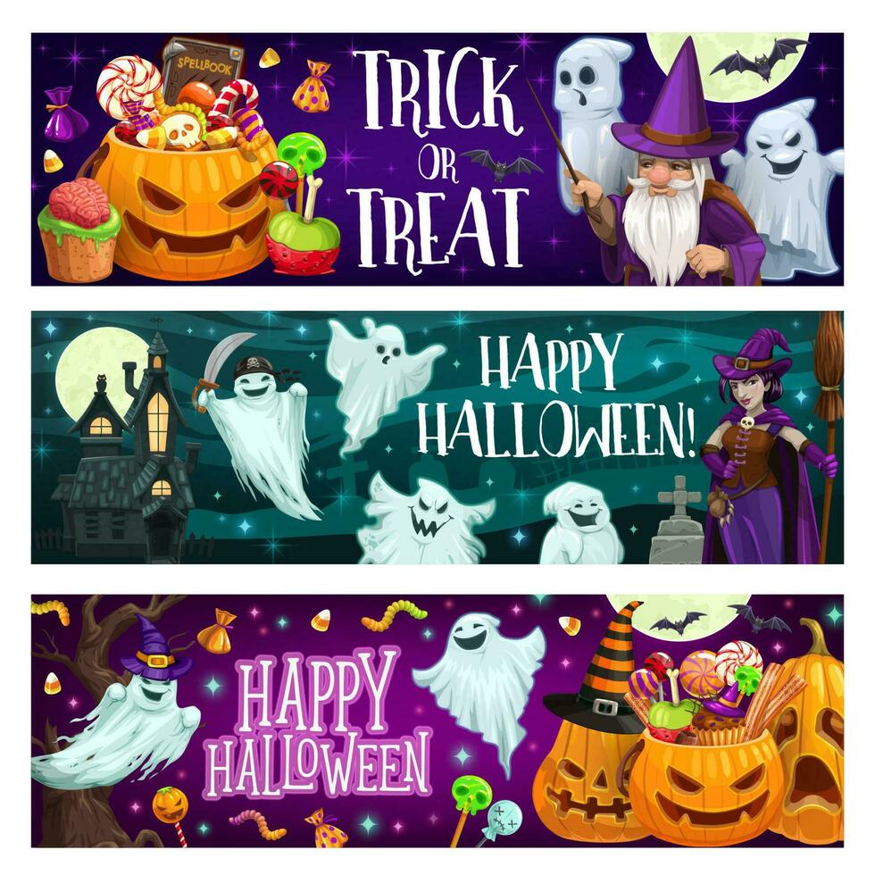 halloween spookachtig banners met geesten en pompoenen vector