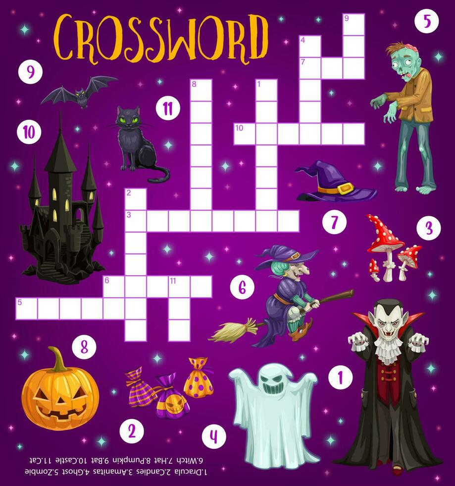 halloween kruiswoordraadsel rooster puzzel spel met monsters vector