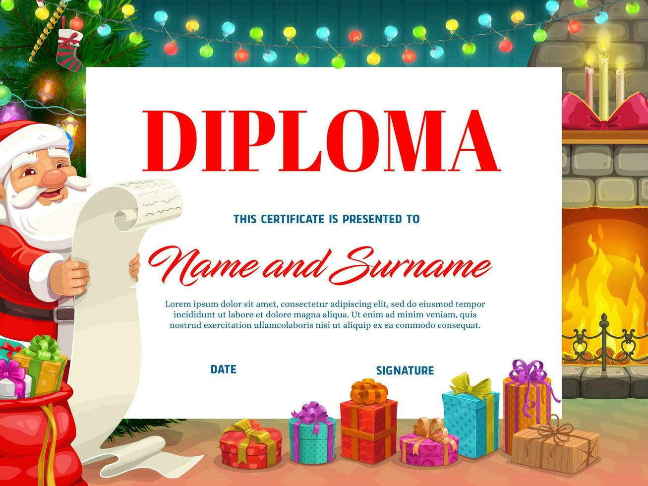 diploma prijs met Kerstmis haard en de kerstman vector