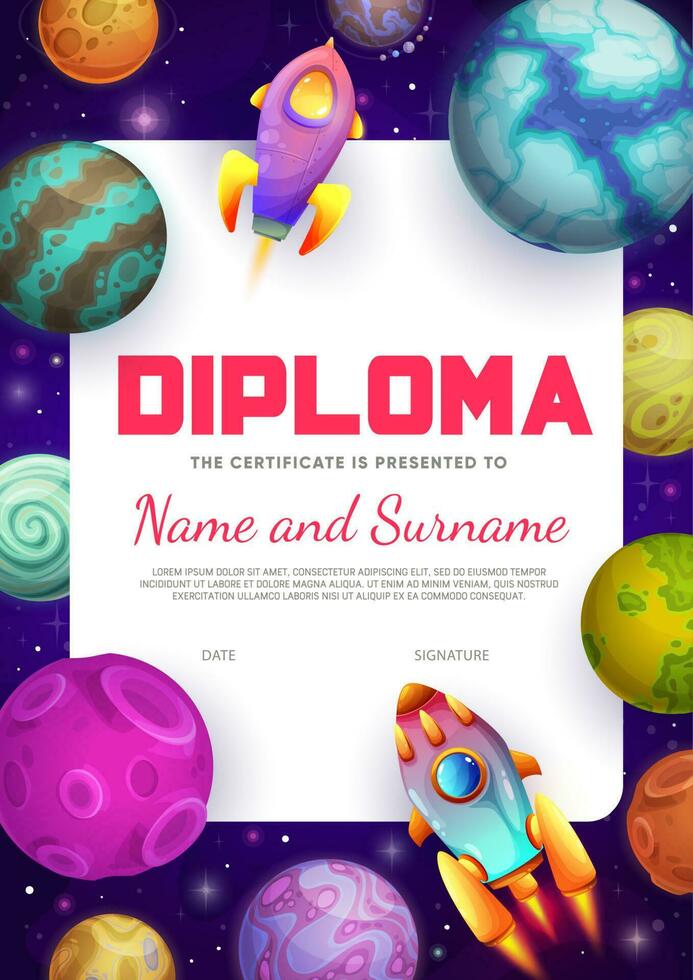 kinderen diploma. tekenfilm fantastisch heelal planeten vector