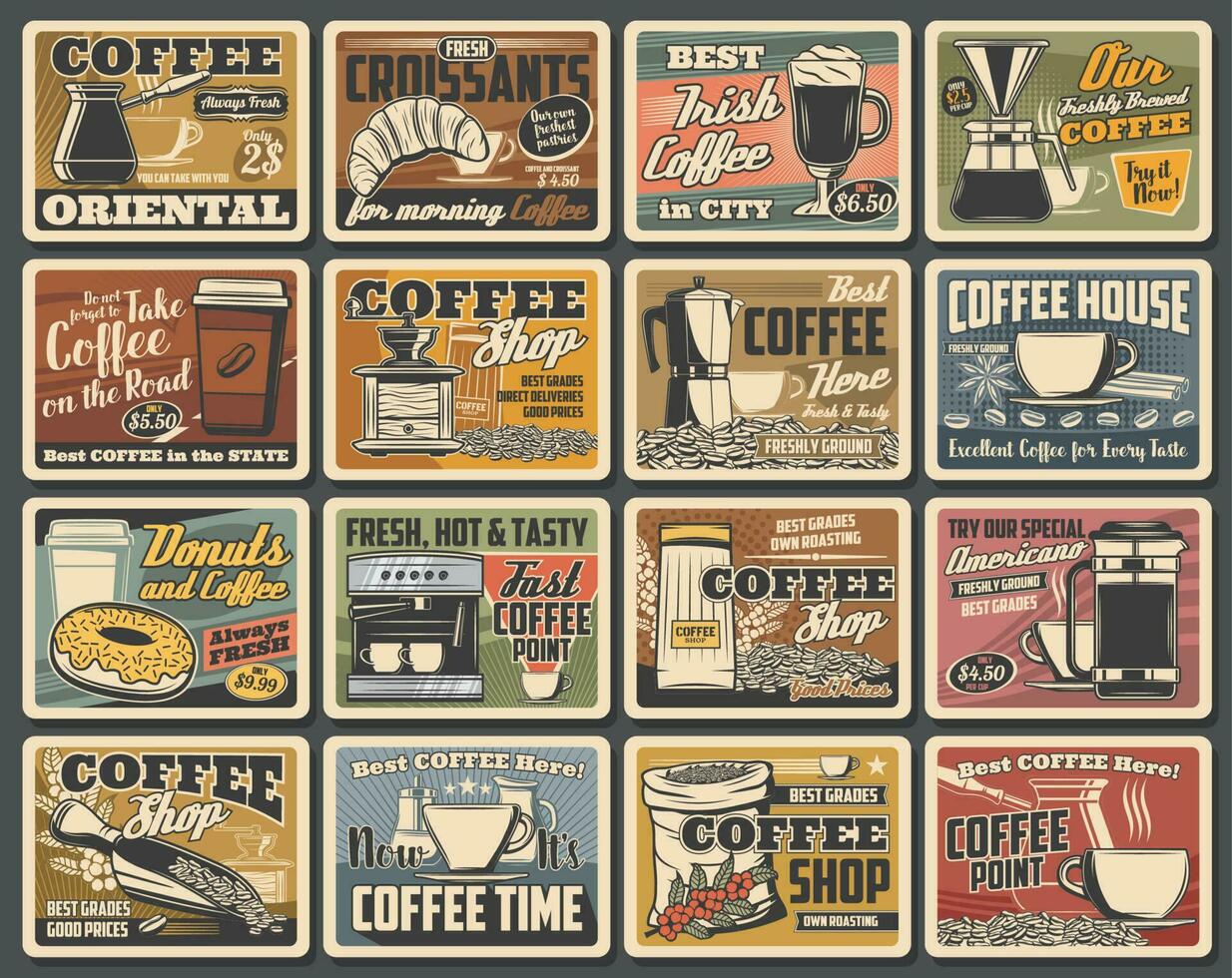 koffie retro affiches, koffie maker, cafe drankjes vector