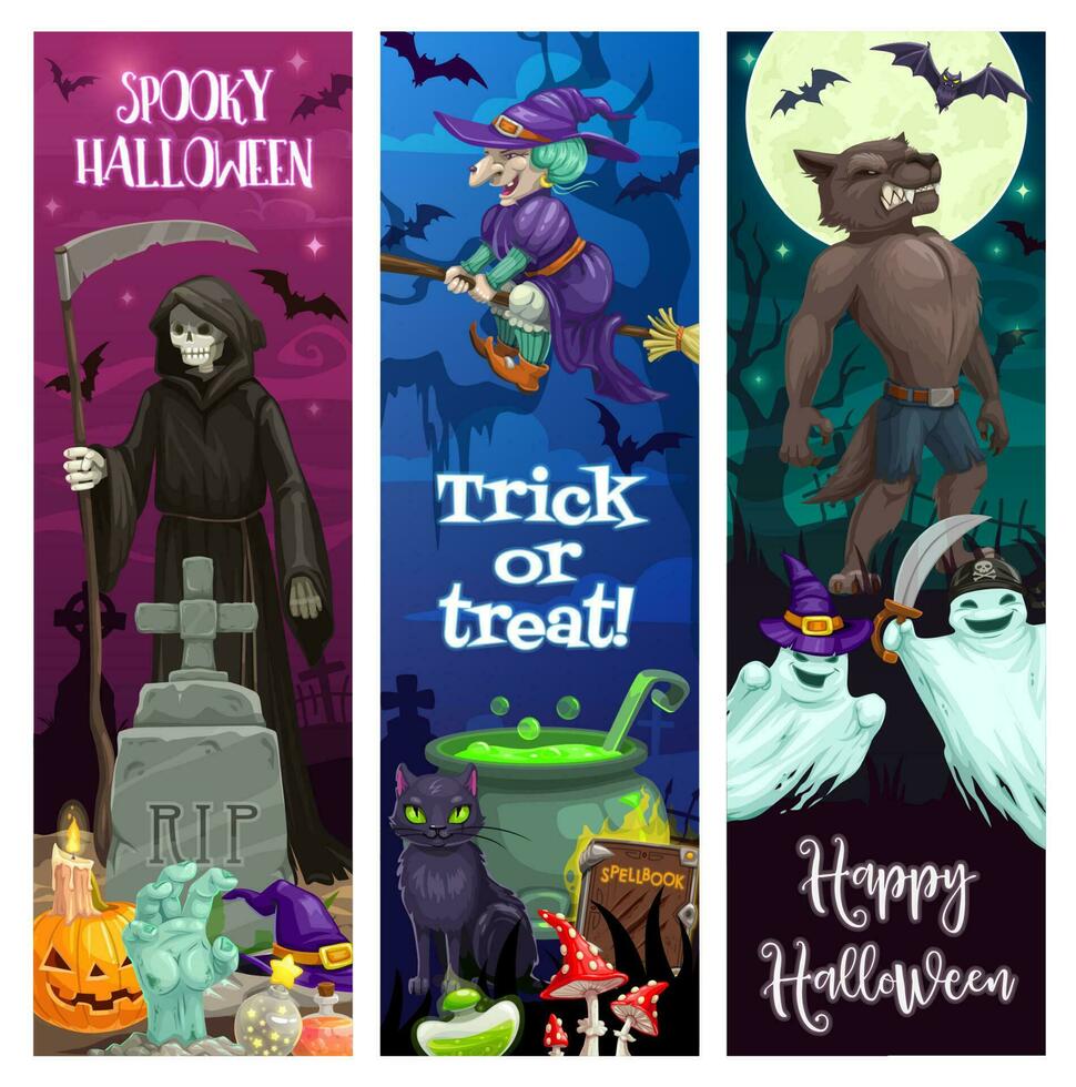 gelukkig halloween banners met spookachtig monsters vector