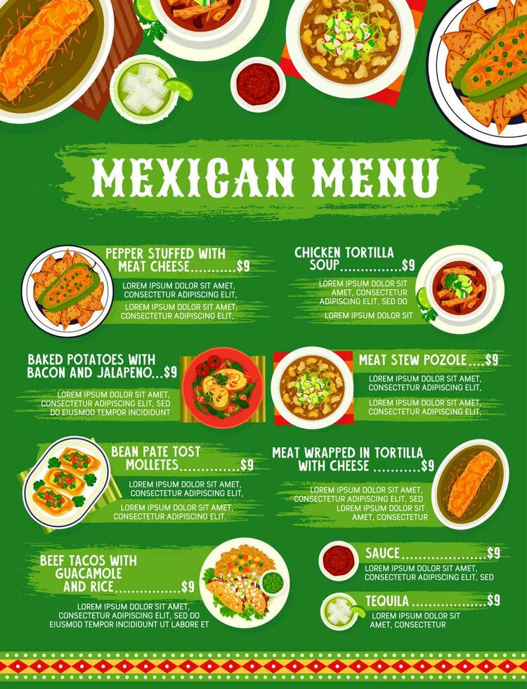 Mexicaans voedsel, Mexico keuken menu borden, maaltijden vector