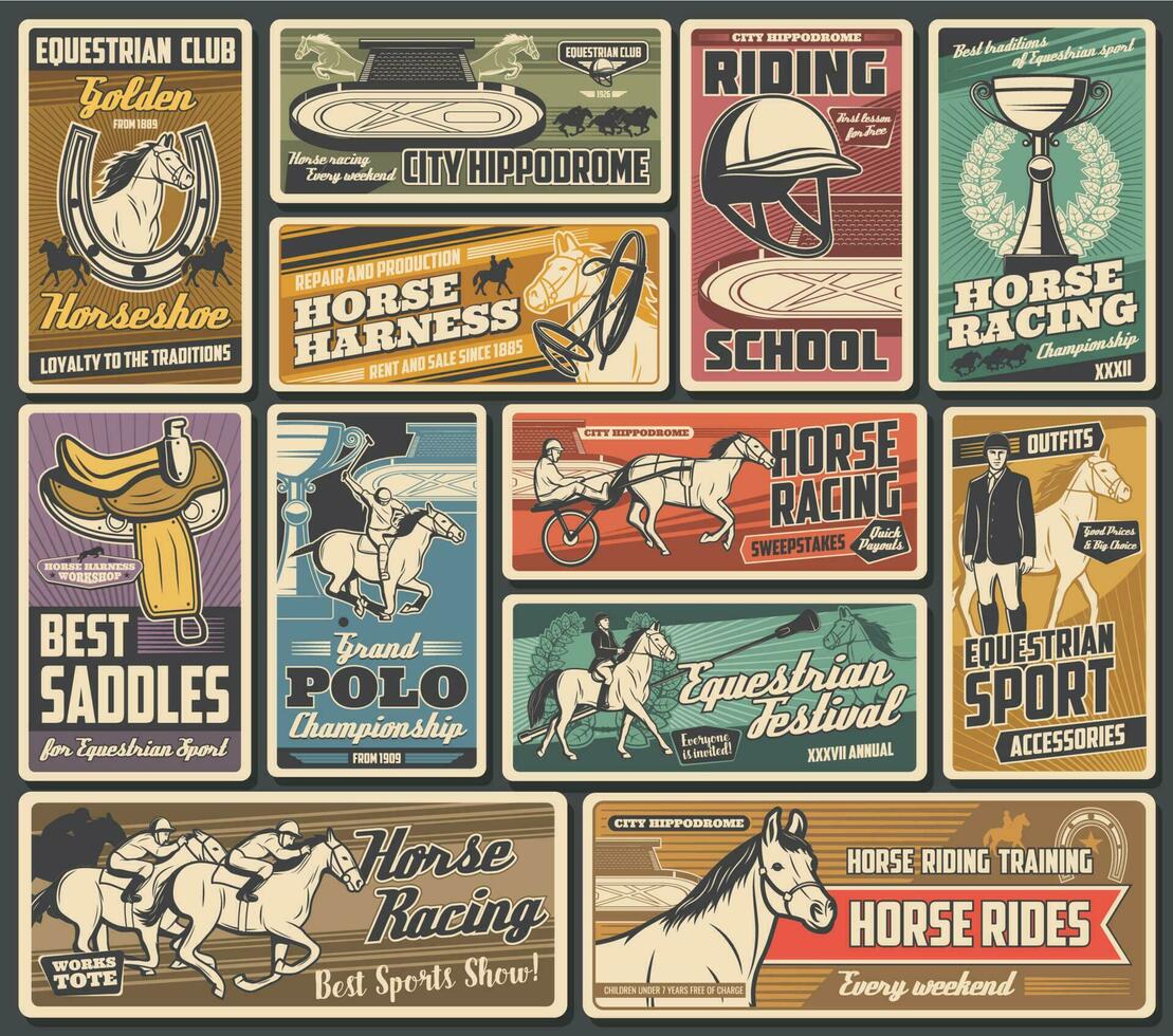 jockey rijden school, paard races retro posters vector