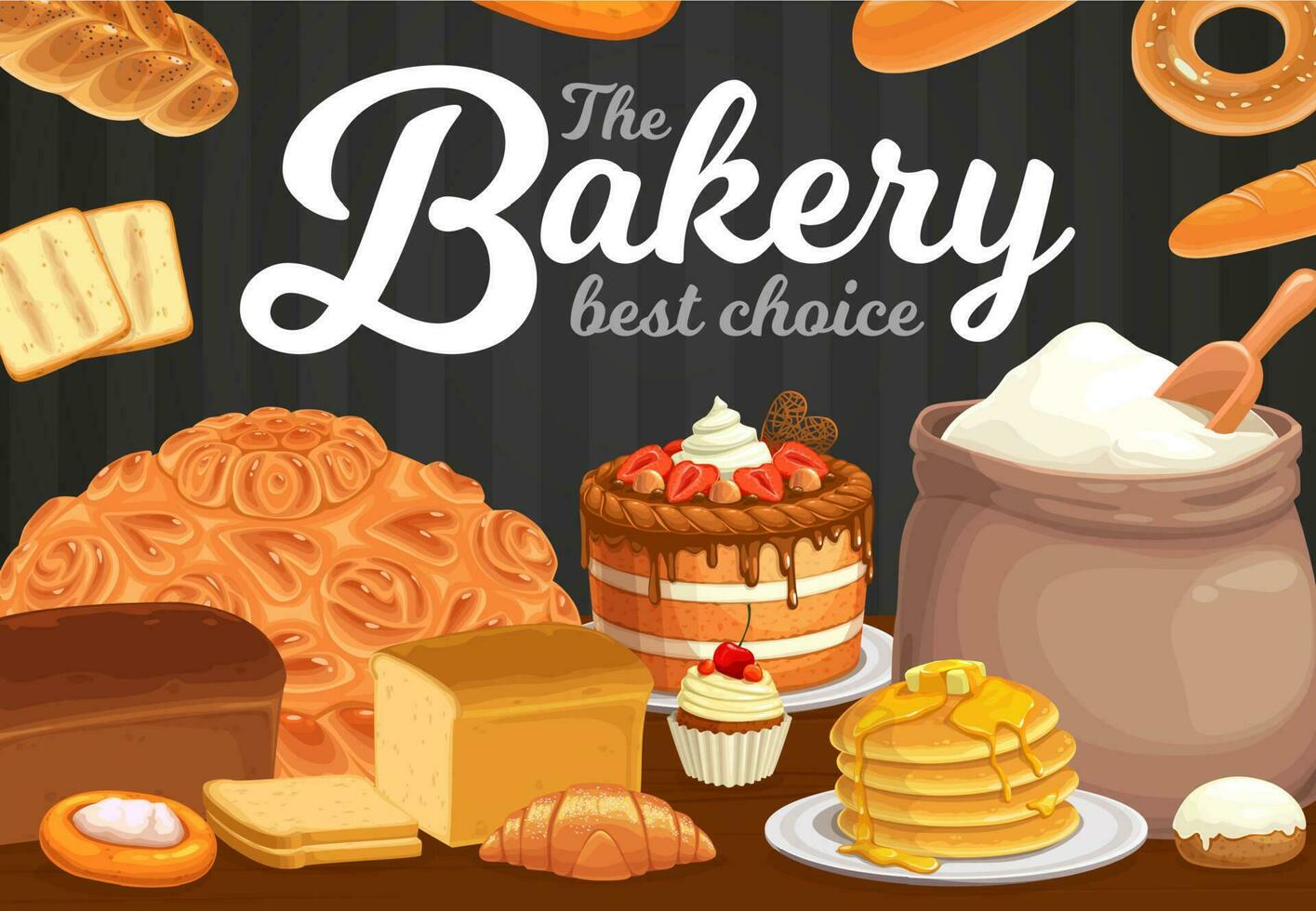 bakkerij, brood gebakje desserts cafe vector poster