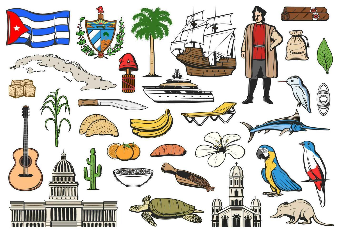Cuba reis, Havana oriëntatiepunten, bezienswaardigheden bekijken symbolen vector