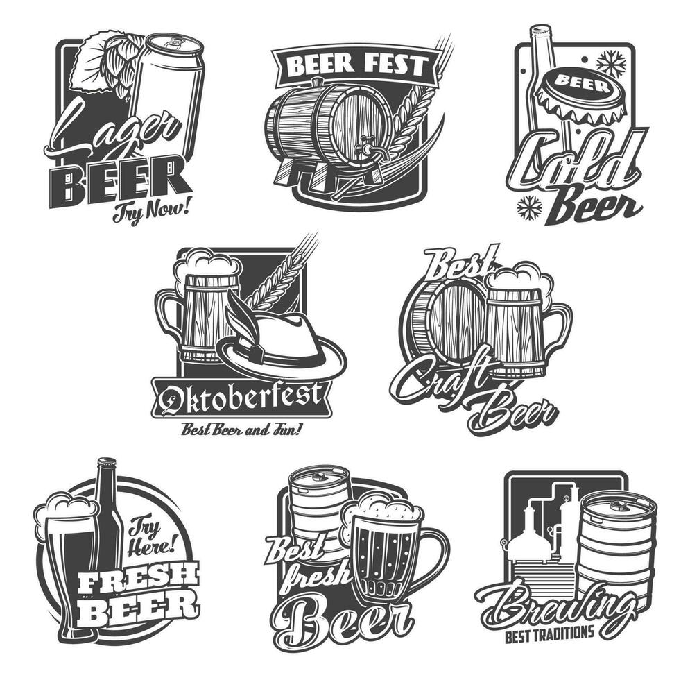 bier alcohol drinken pictogrammen van flessen, bril, mokken vector