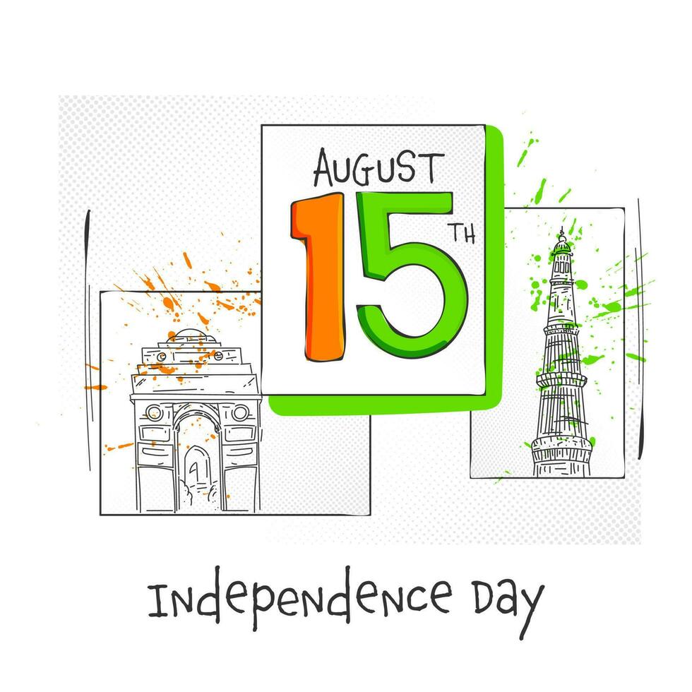 15e augustus tekst met schetsen beroemd monument Aan wit achtergrond voor onafhankelijkheid dag concept. vector