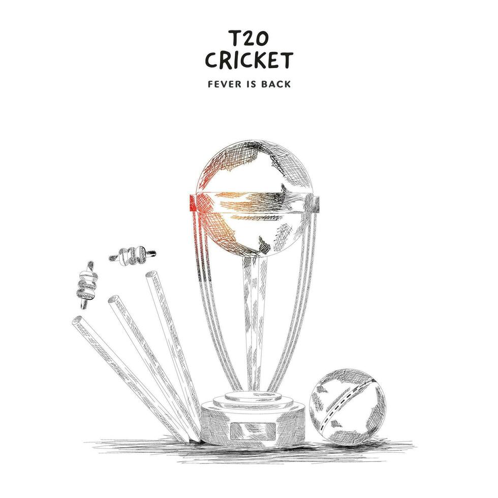 tekening stijl trofee kop met bal, wicket stronken Aan wit achtergrond voor t20 krekel concept. vector