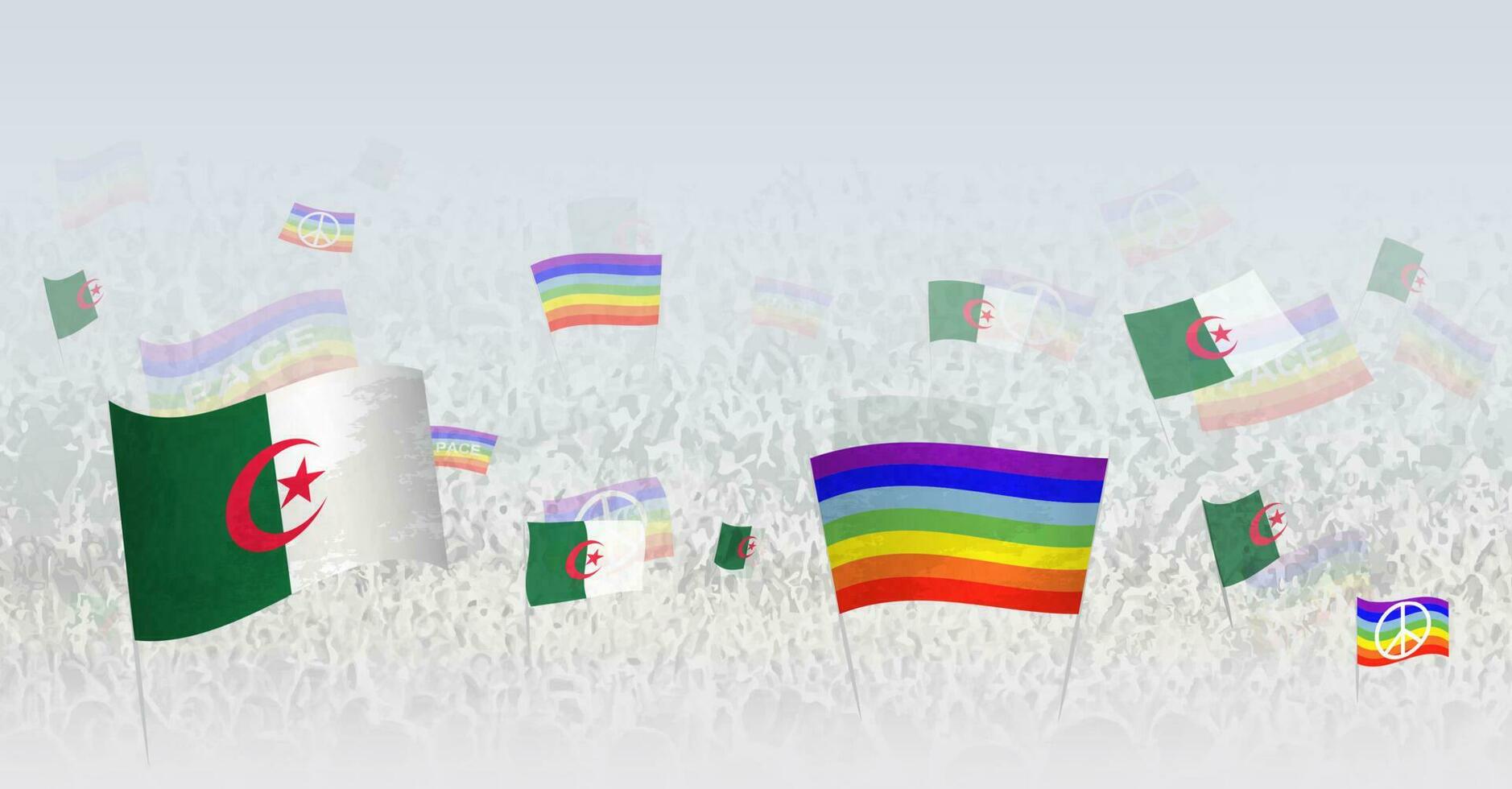 mensen golvend vrede vlaggen en vlaggen van Algerije. illustratie van menigte vieren of protesteren met vlag van Algerije en de vrede vlag. vector