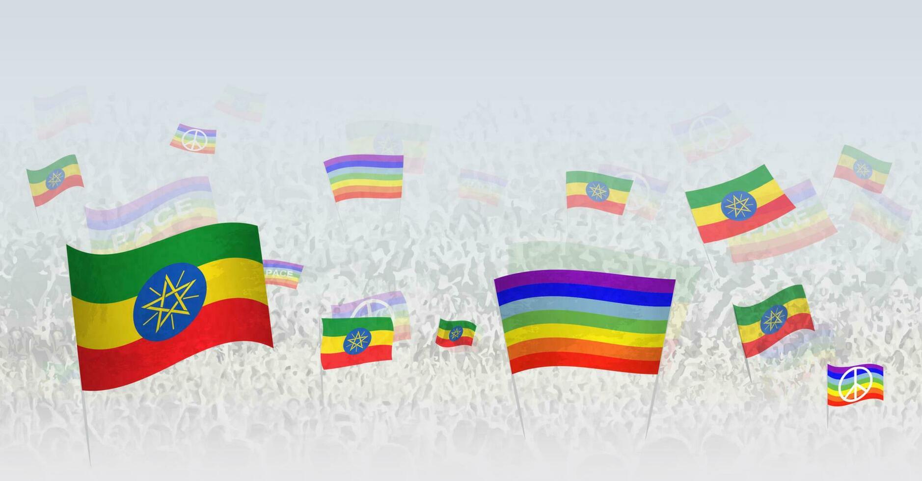 mensen golvend vrede vlaggen en vlaggen van Ethiopië. illustratie van menigte vieren of protesteren met vlag van Ethiopië en de vrede vlag. vector