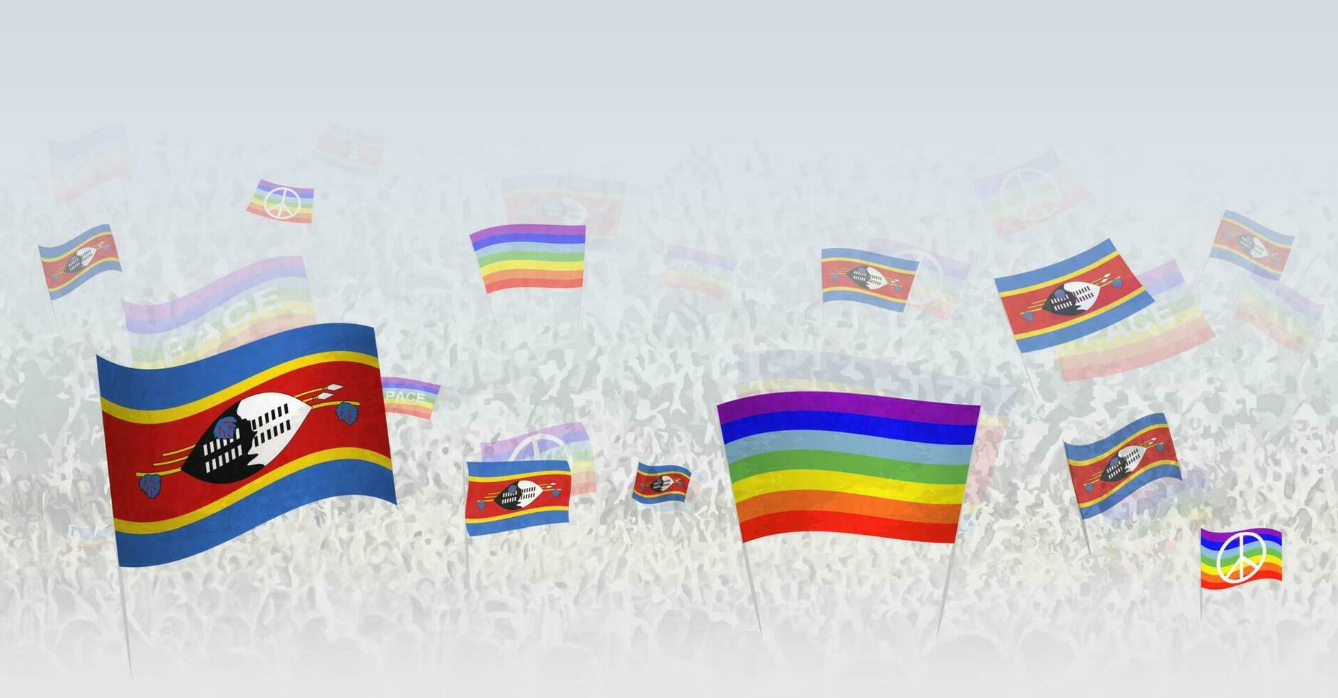 mensen golvend vrede vlaggen en vlaggen van Swaziland. illustratie van menigte vieren of protesteren met vlag van Swaziland en de vrede vlag. vector