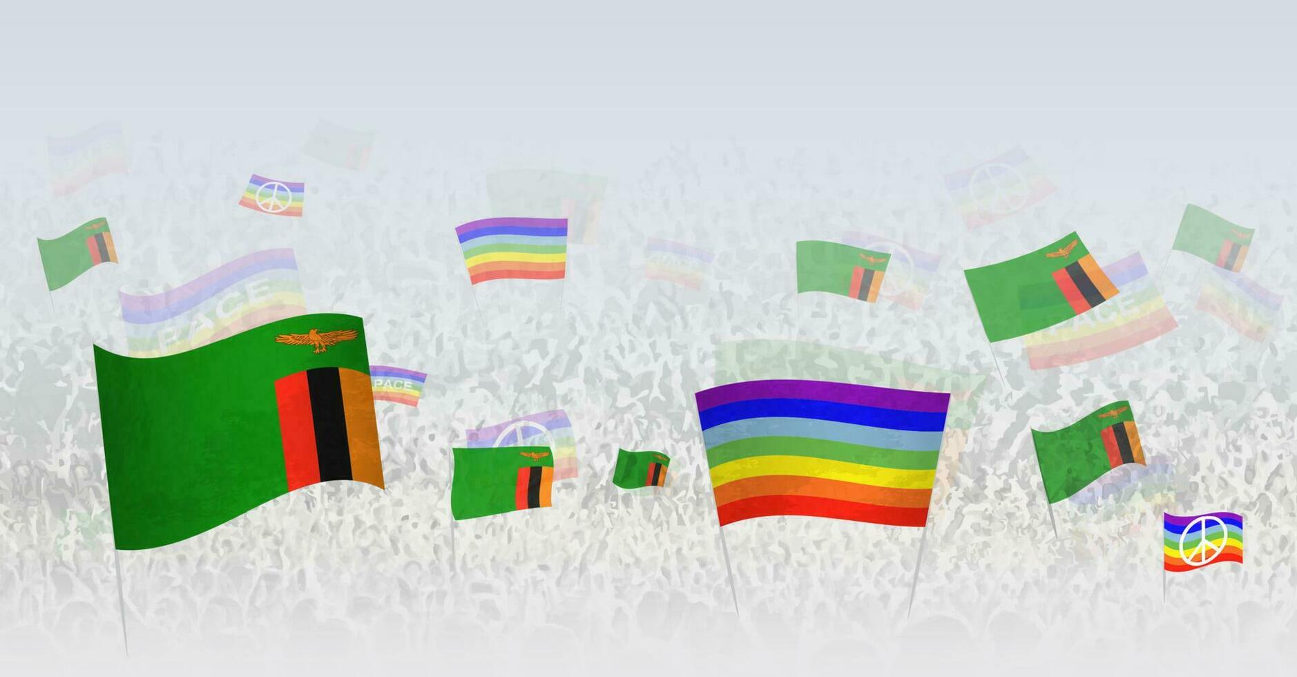 mensen golvend vrede vlaggen en vlaggen van Zambia. illustratie van menigte vieren of protesteren met vlag van Zambia en de vrede vlag. vector