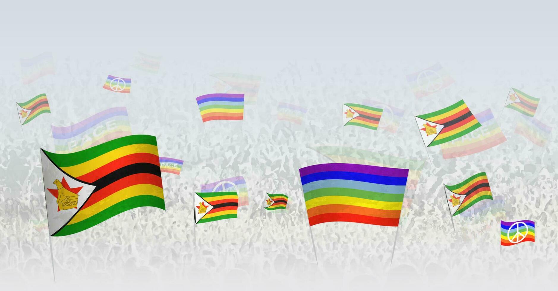 mensen golvend vrede vlaggen en vlaggen van Zimbabwe. illustratie van menigte vieren of protesteren met vlag van Zimbabwe en de vrede vlag. vector