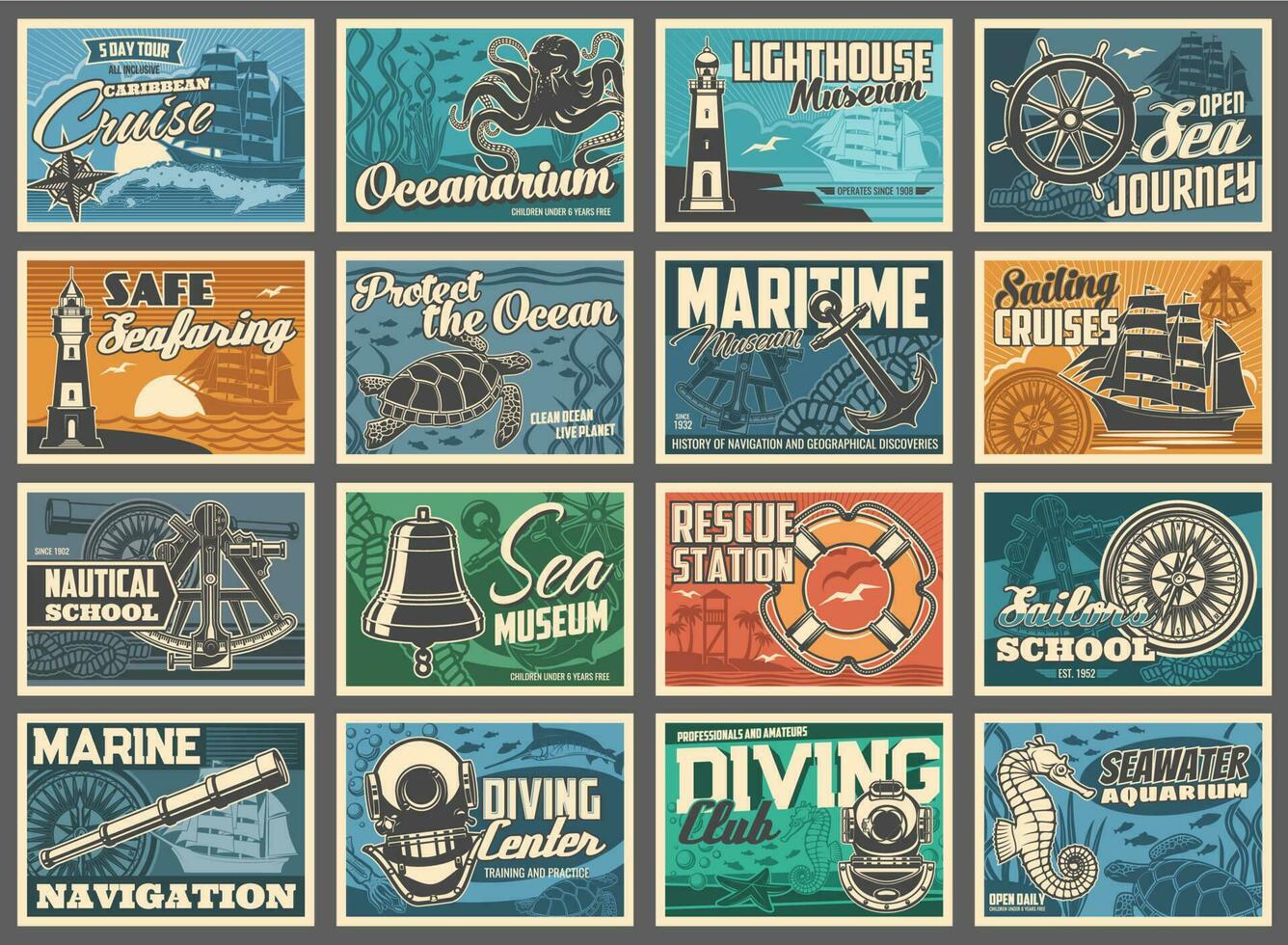 nautische retro affiches, anker, vuurtoren en zee vector