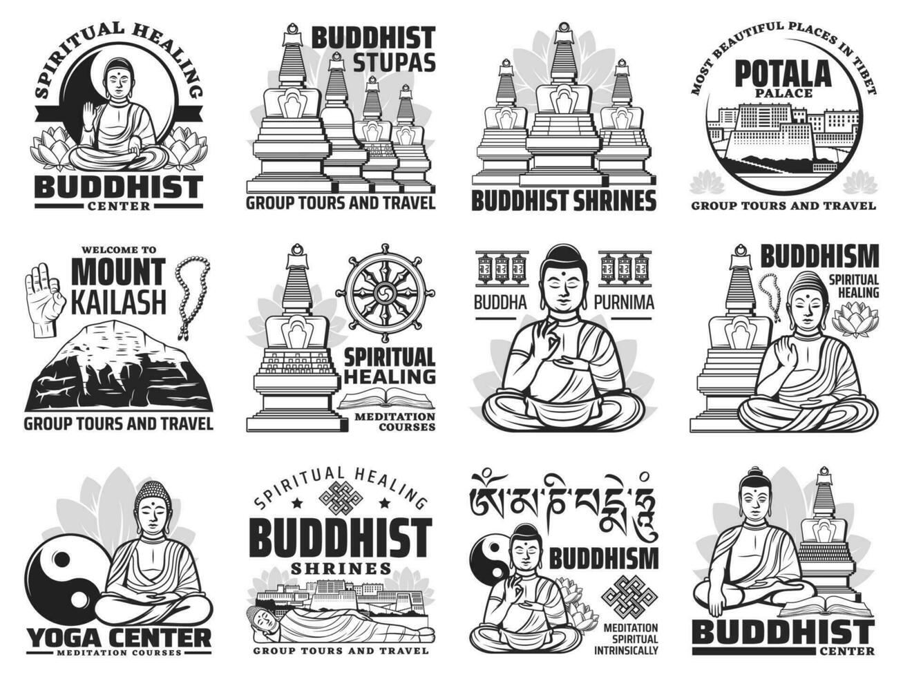 Tibetaans reizen rondleidingen, Boeddhisme meditatie pictogrammen vector