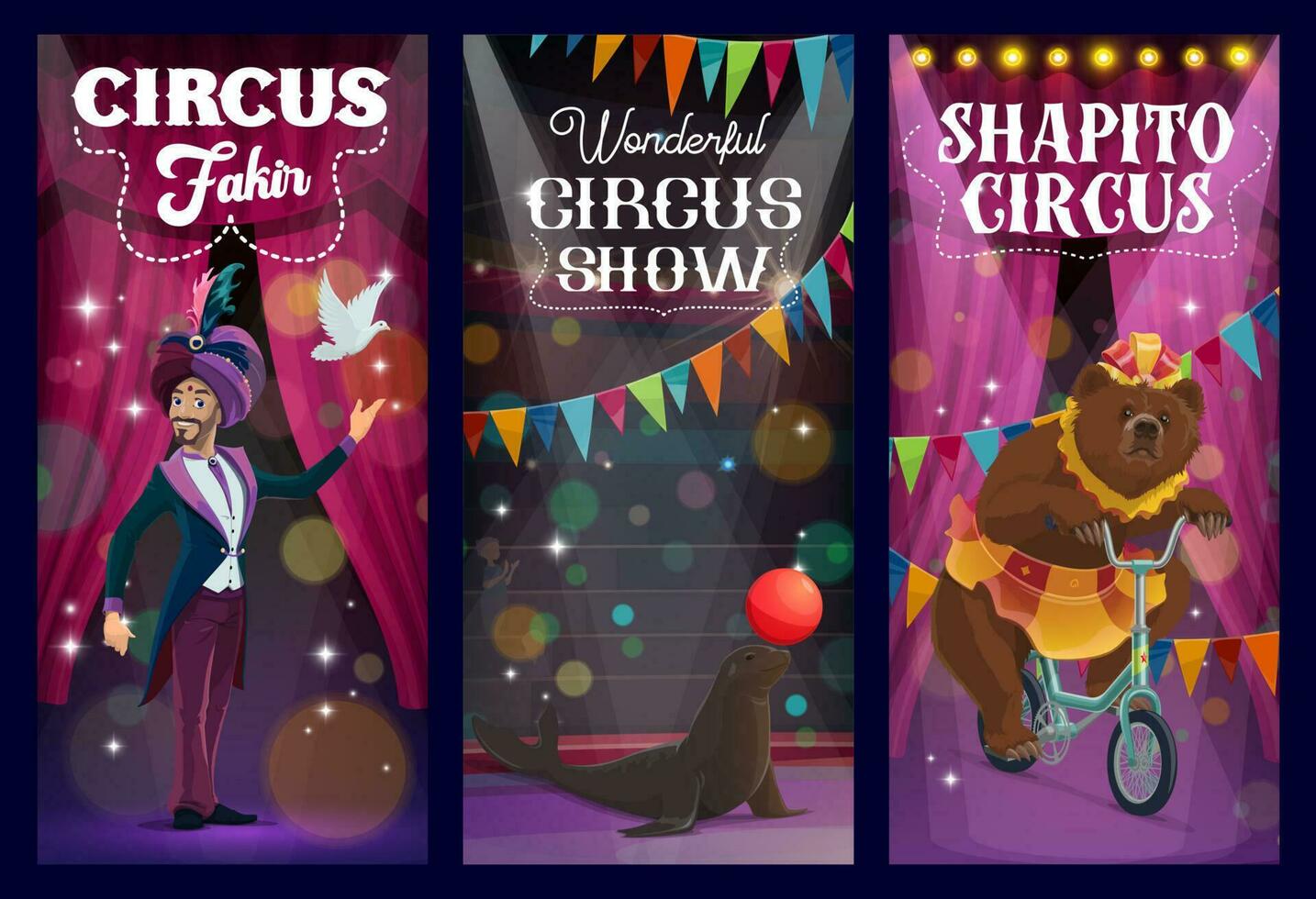 shapito circus goochelaar, getraind beer en zegel vector