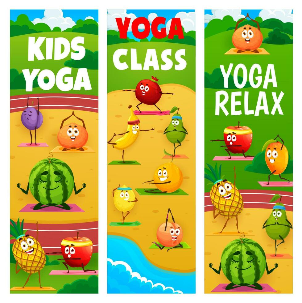 kinderen yoga en kom tot rust, tekenfilm fruit Aan geschiktheid vector