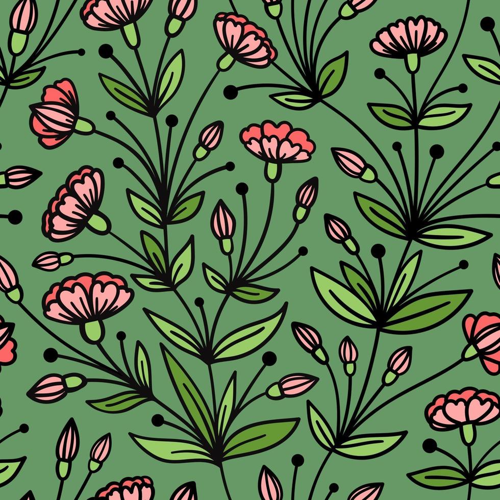 naadloze groene patroon met roze bloemen achter vector