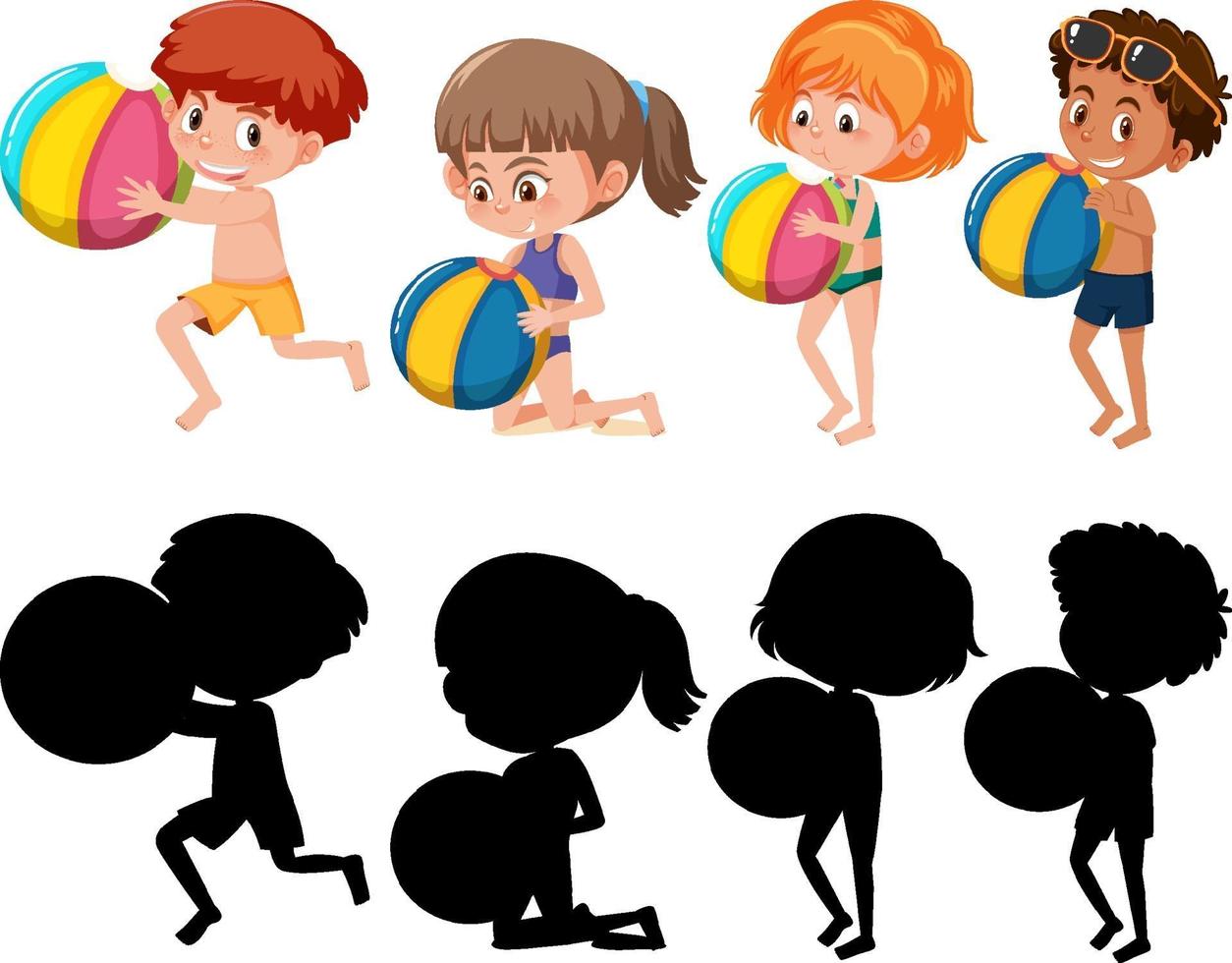 set van verschillende kinderen stripfiguur in zomer thema met silhouet vector