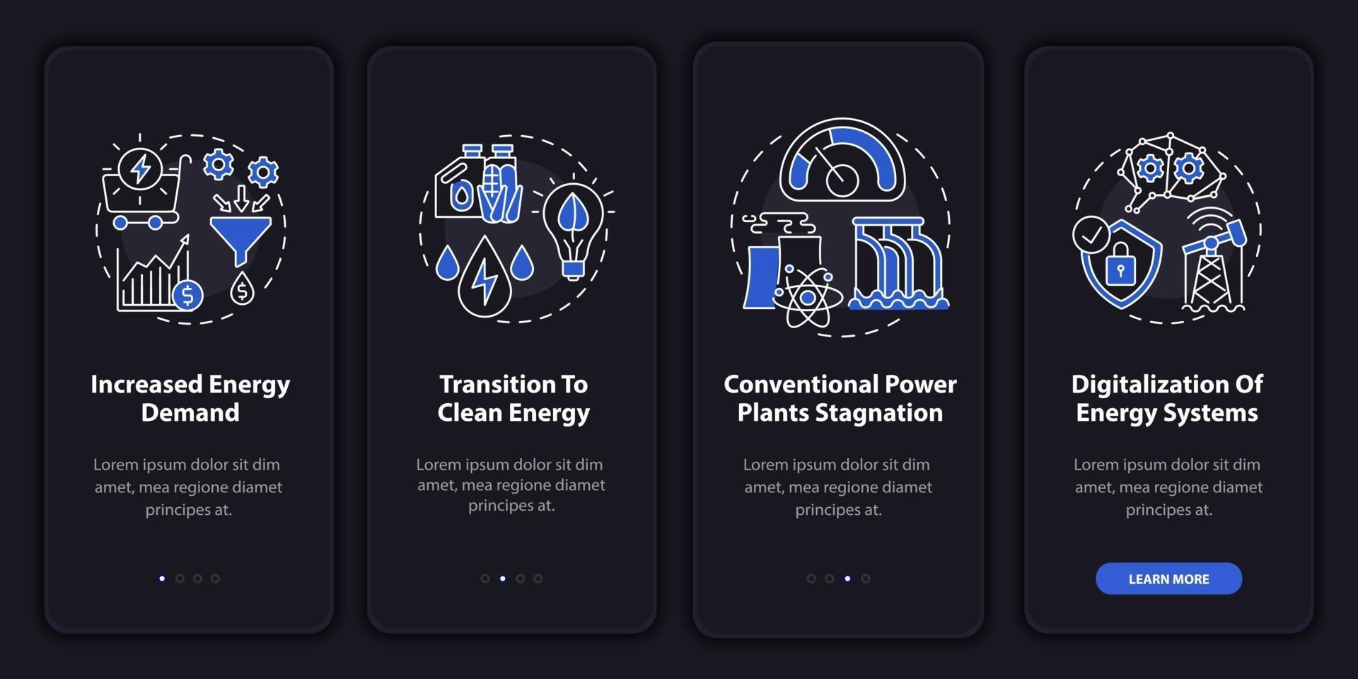 energetica-tendens onboarding mobiele app-paginascherm met concepten vector