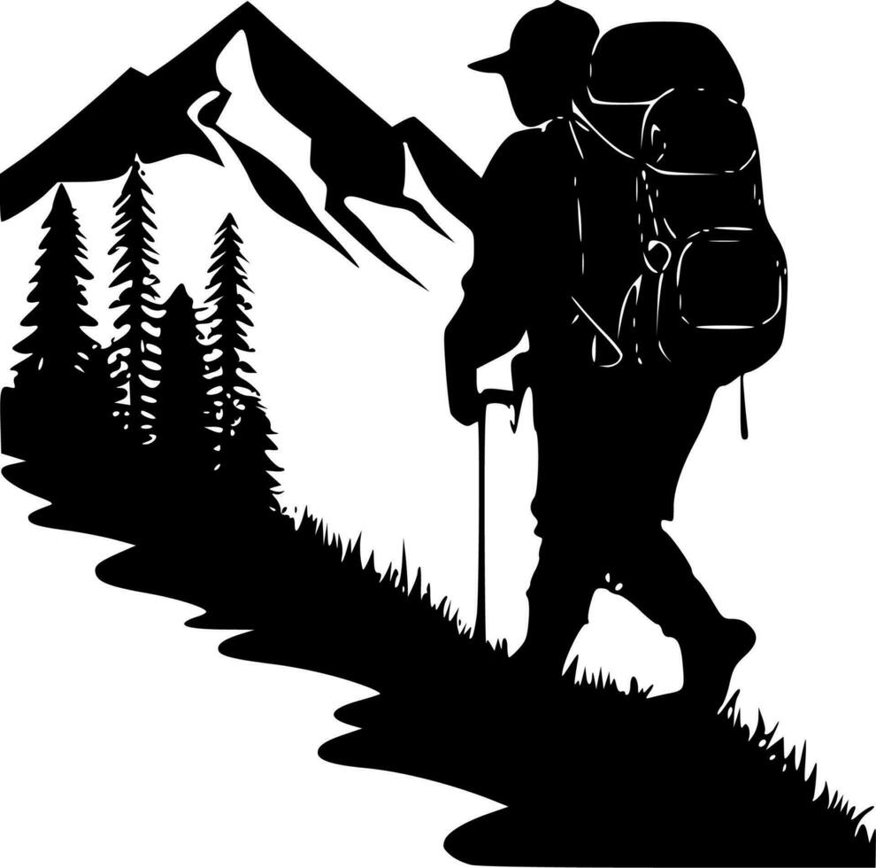 hiking, minimalistische en gemakkelijk silhouet - vector illustratie