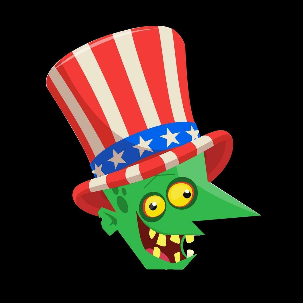 grappig groen tekenfilm monster vervelend oom Sam hoed. ontwerp karakter voor Amerikaans onafhankelijkheid dag. vector illustratie voor afdrukken of decoratie