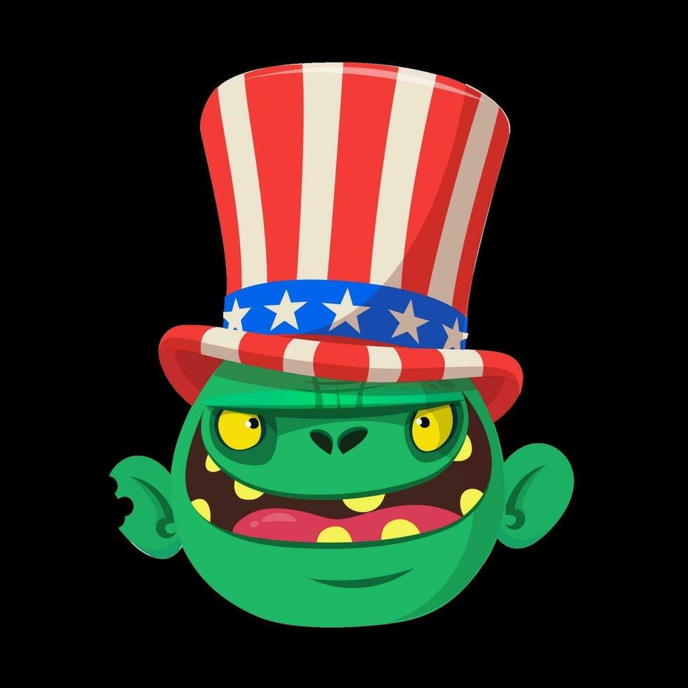 grappig groen tekenfilm monster vervelend oom Sam hoed. ontwerp karakter voor Amerikaans onafhankelijkheid dag. vector illustratie voor afdrukken of decoratie