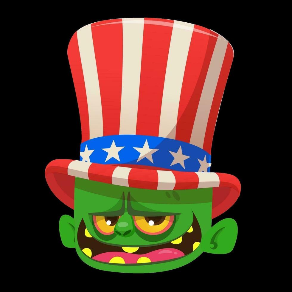 grappig groen tekenfilm monster vervelend oom Sam hoed. ontwerp karakter voor Amerikaans onafhankelijkheid dag. vector illustratie voor afdrukken of decoratie