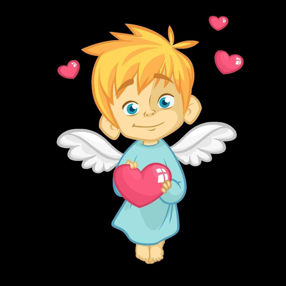 illustratie van een baby Cupido knuffelen een hart. tekenfilm illustratie van Cupido karakter voor st Valentijnsdag dag geïsoleerd Aan wit vector