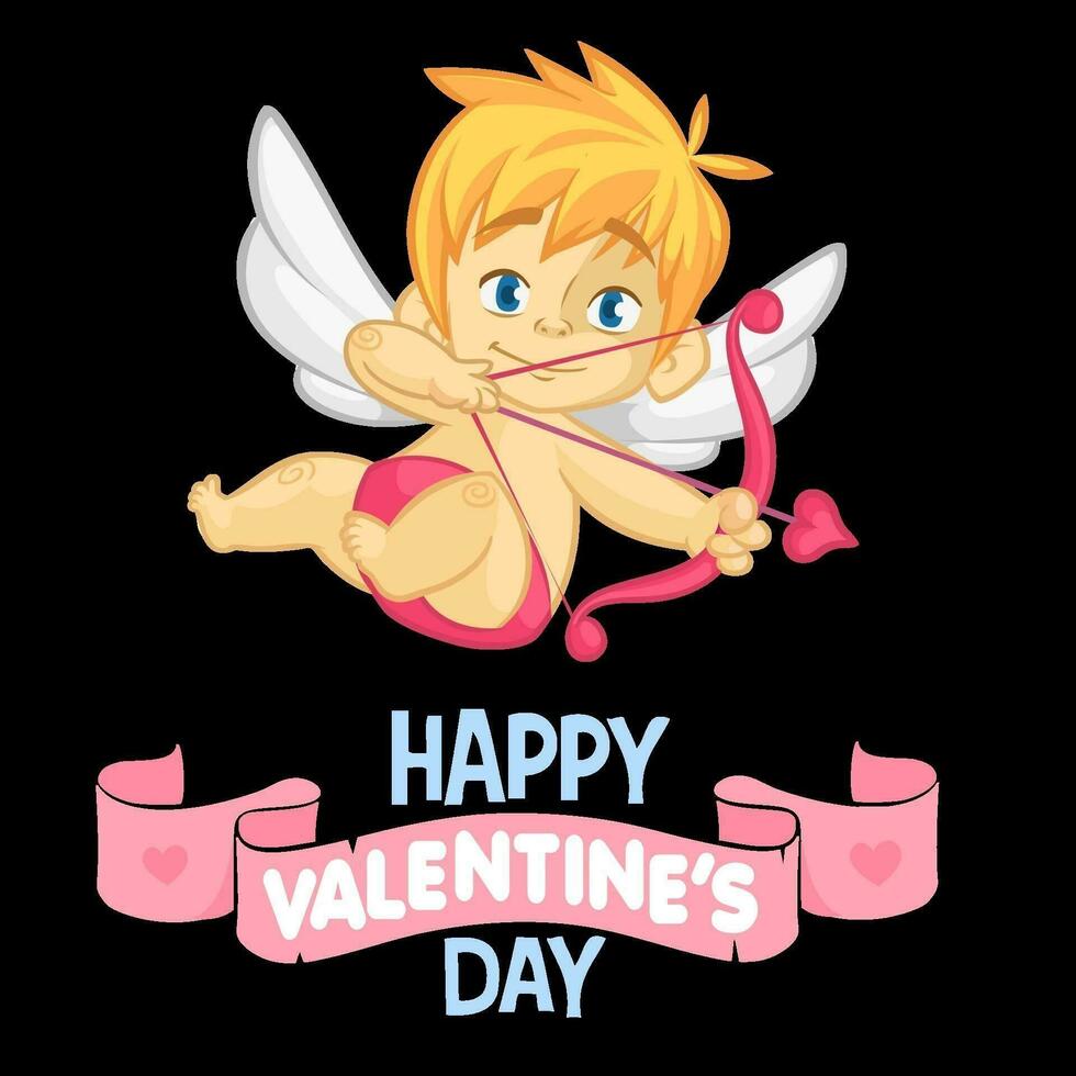 grappig Cupido met boog en pijl het richten Bij iemand. tekenfilm illustratie van een Valentijnsdag dag. vector