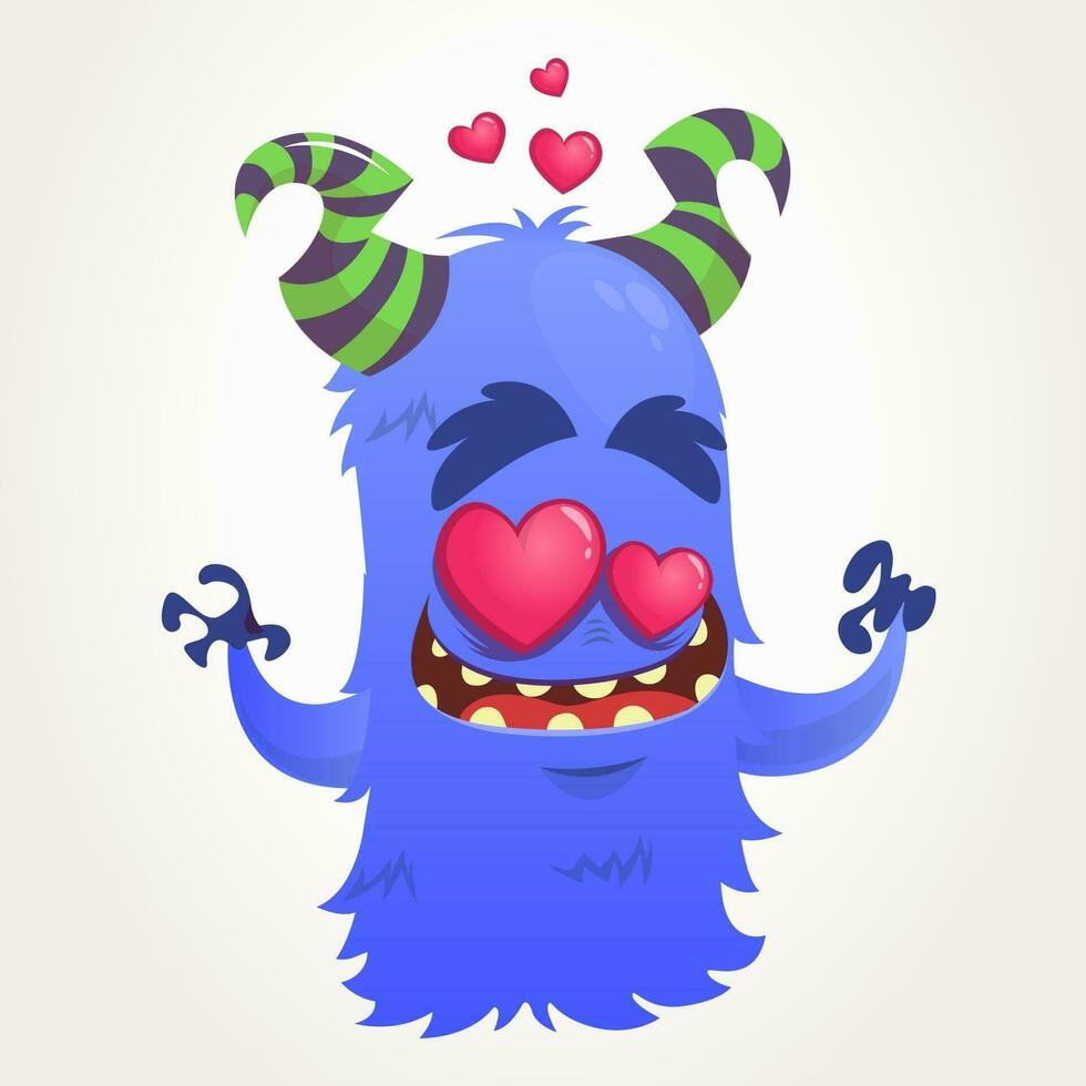 tekenfilm blauw gehoornd monster in liefde. heilige Valentijn monster. vector illustratie van liefhebbend monster en harten. uitnodiging kaart voor partij