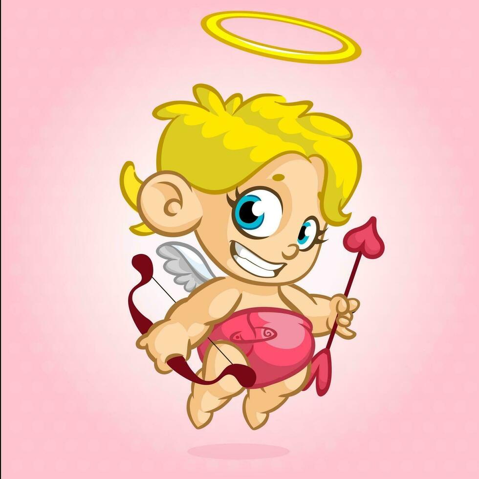 grappig Cupido met boog en pijl. illustratie van een Valentijnsdag dag. vector. geïsoleerd Aan roos achtergrond vector