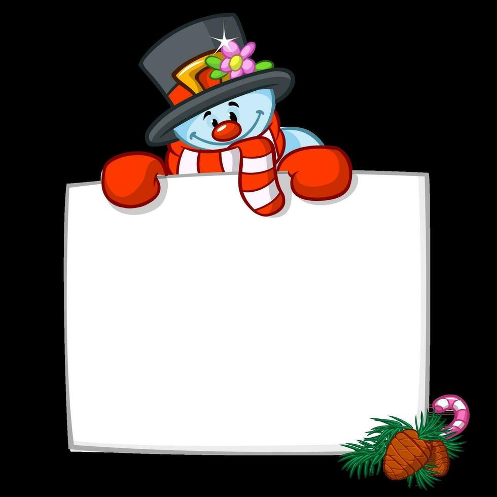 tekenfilm sneeuwman met sjaal en wollen pet Holding blanco rol voor tekst uitnodiging. Kerstmis of nieuw jaar vector illustratie