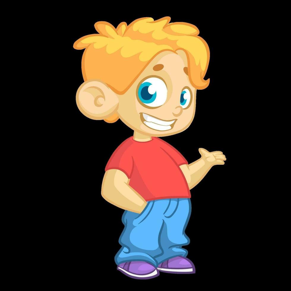 schattig blond jong jongen golvend en lachend. vector tekenfilm illustratie van een tiener in rood t-shirt presenteren. icoon
