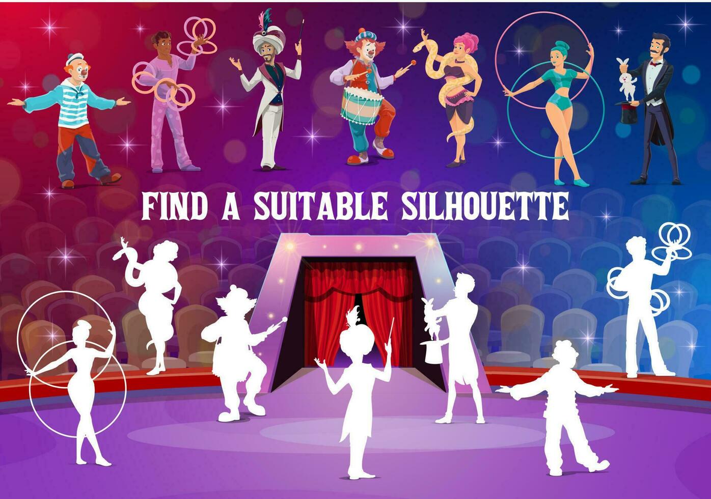 circus performer silhouetten, kinderen spel raadsel vector