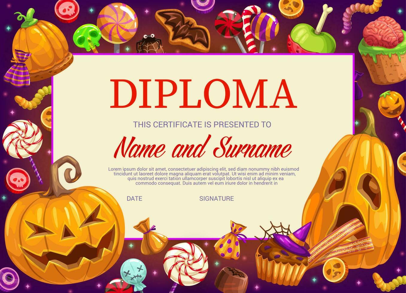 kinderen diploma certificaat met halloween pompoenen vector