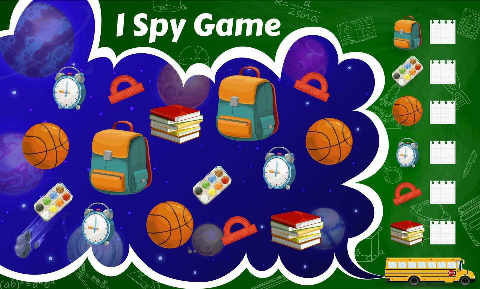 spion spel werkblad, school- briefpapier, sport items vector