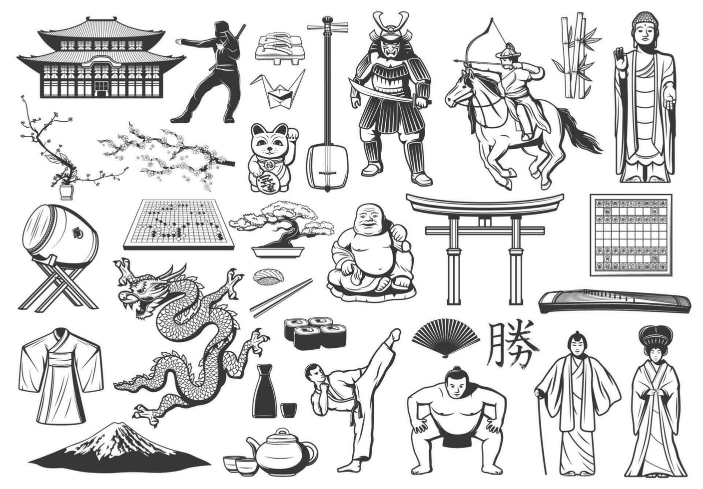 Japan pictogrammen met Aziatisch voedsel, religie en cultuur vector