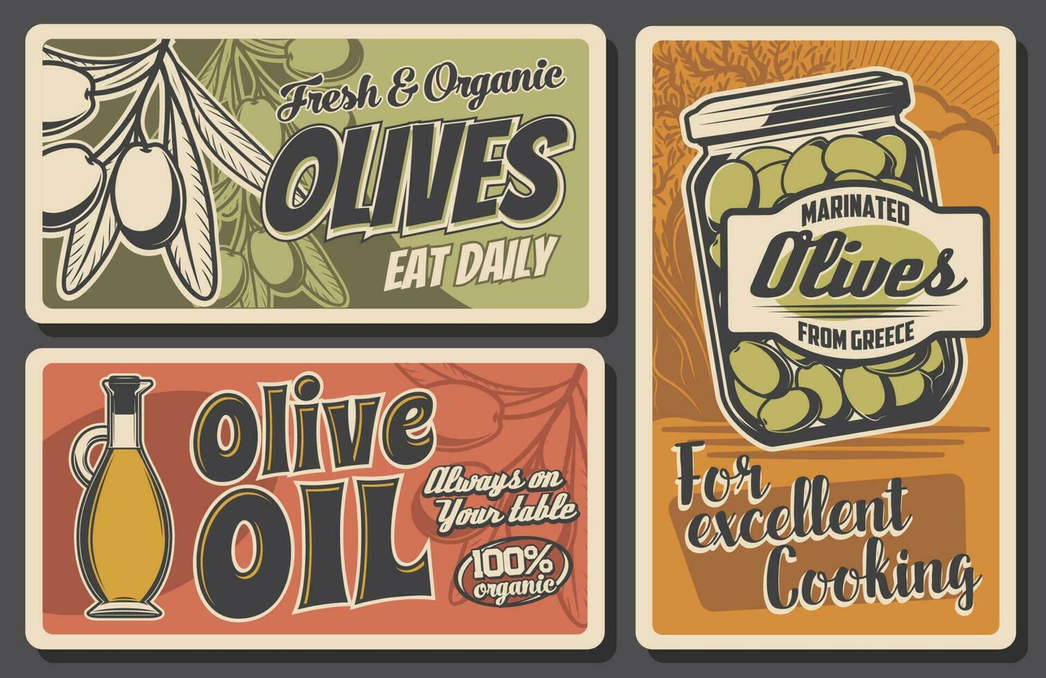 olijven retro affiches, olie fles, gemarineerd fruit vector