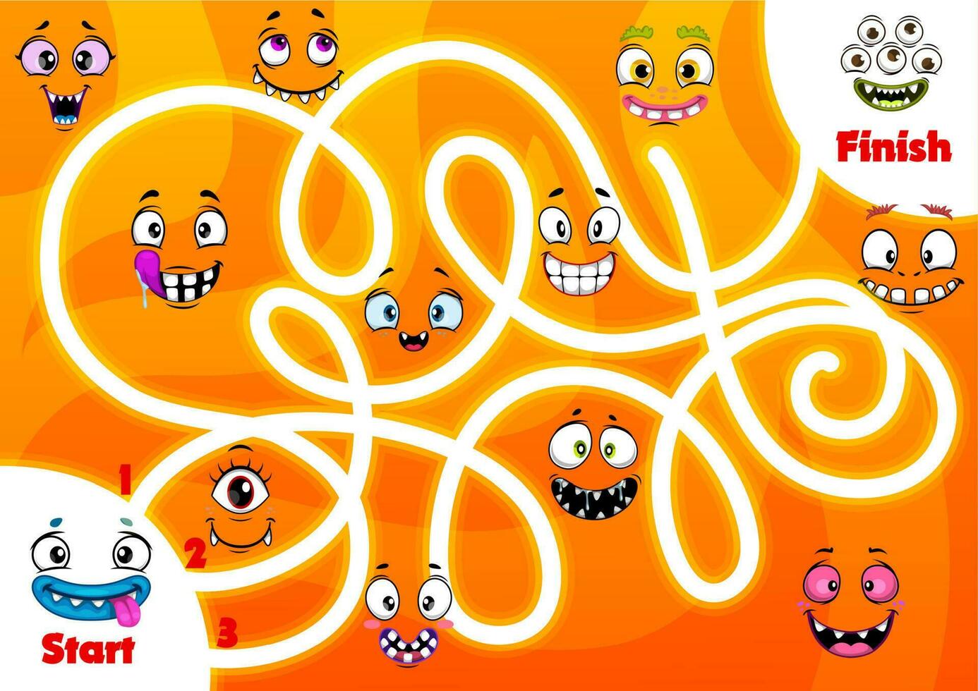 kind labyrint spel met grappig monsters gezichten vector